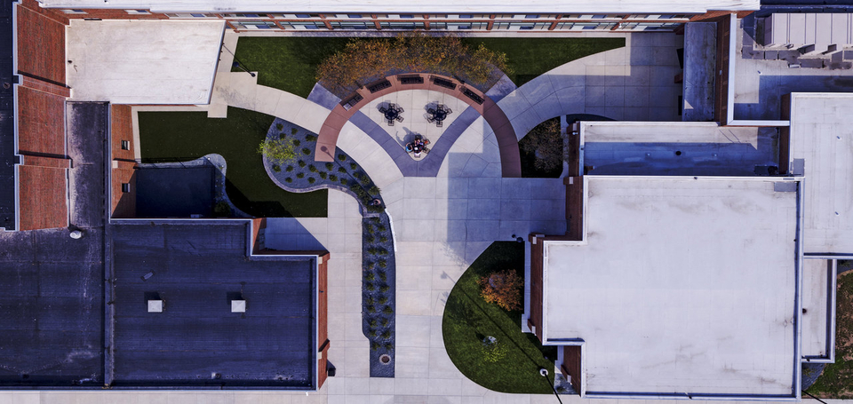 Aerial view of new West Side Courtyard showing the V, image is from Frederick Construction of Vicksburg
